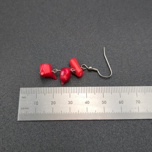 Silver Plated Red Coral Chunks Handmade Dangle Earrings A6095 - Picture 4 of 5